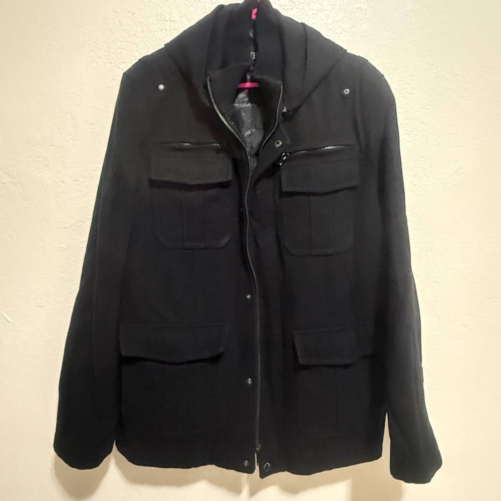 GUESS Mens Hooded Pea Coat Black Quilted Lining Utility Coat XL 111AB633 - Picture 1 of 16